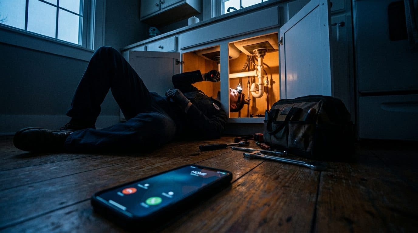 A plumber working under a kitchen sink by headlamp while their phone rings unanswered on the floor beside them