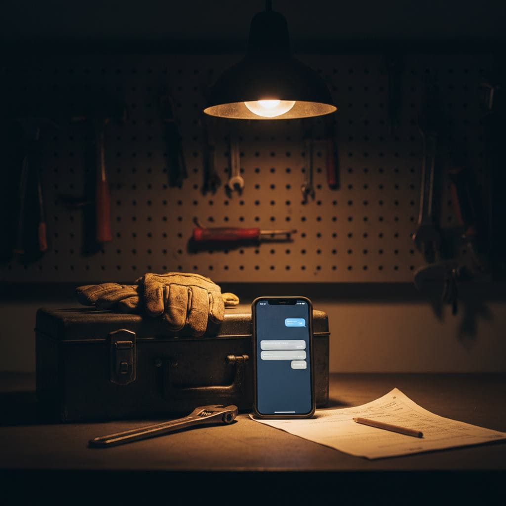 A workbench at night under a single work lamp, with a phone lit up with a new job text propped against a toolbox next to a paper job sheet