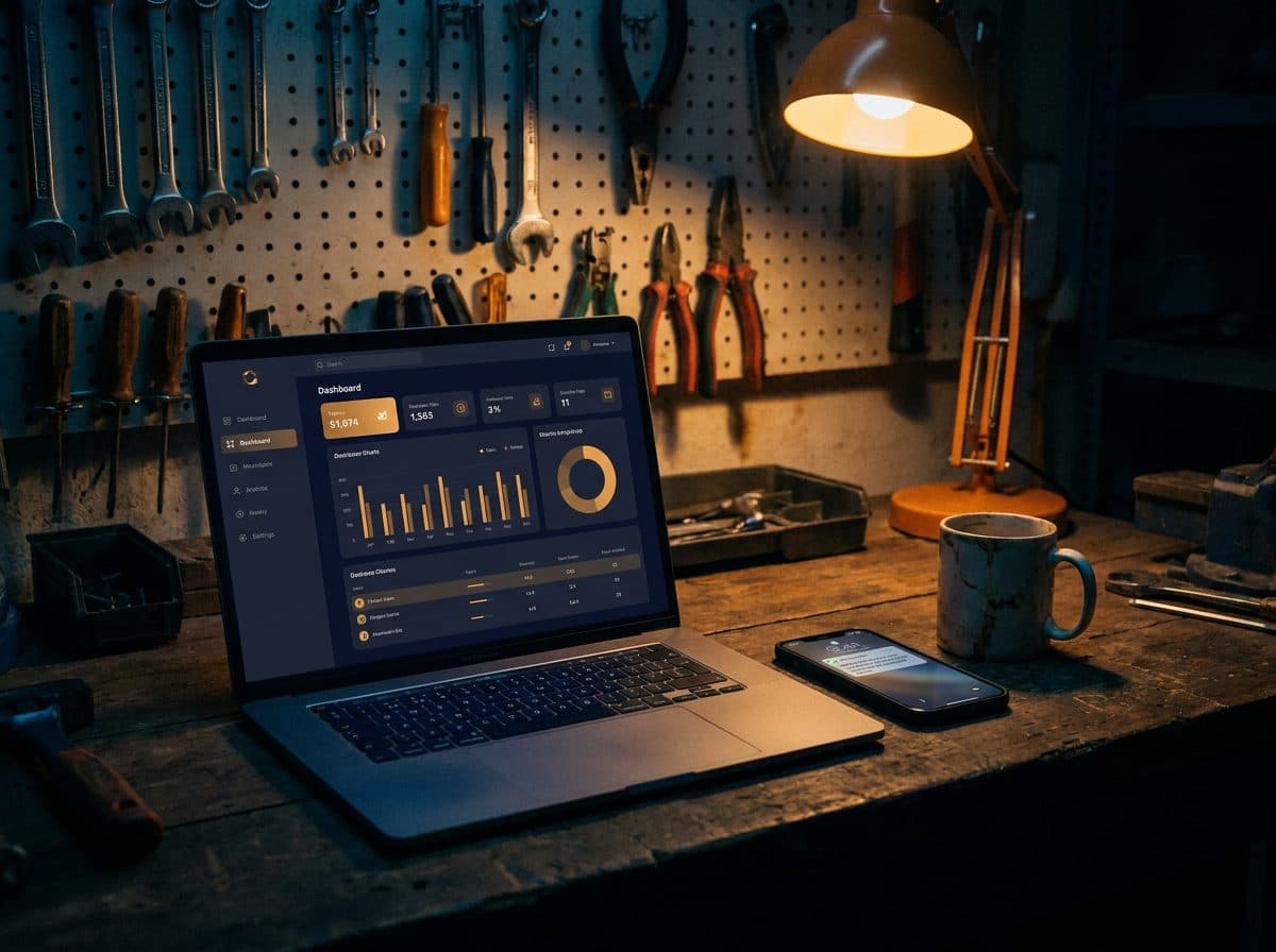 A workbench at night with a laptop showing the TradieCall dashboard and a phone lit up with a new job text