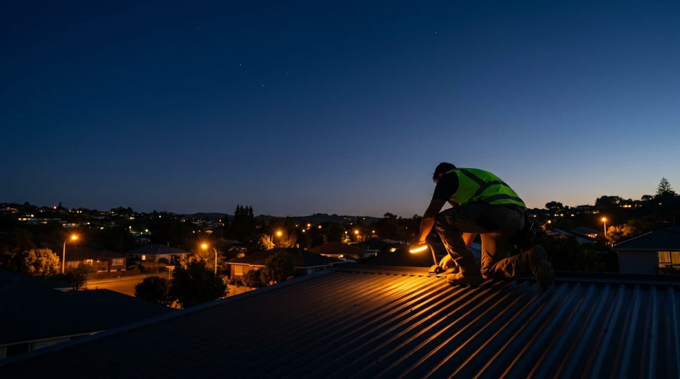 A tradie working on a suburban roof at dusk by the glow of a work light