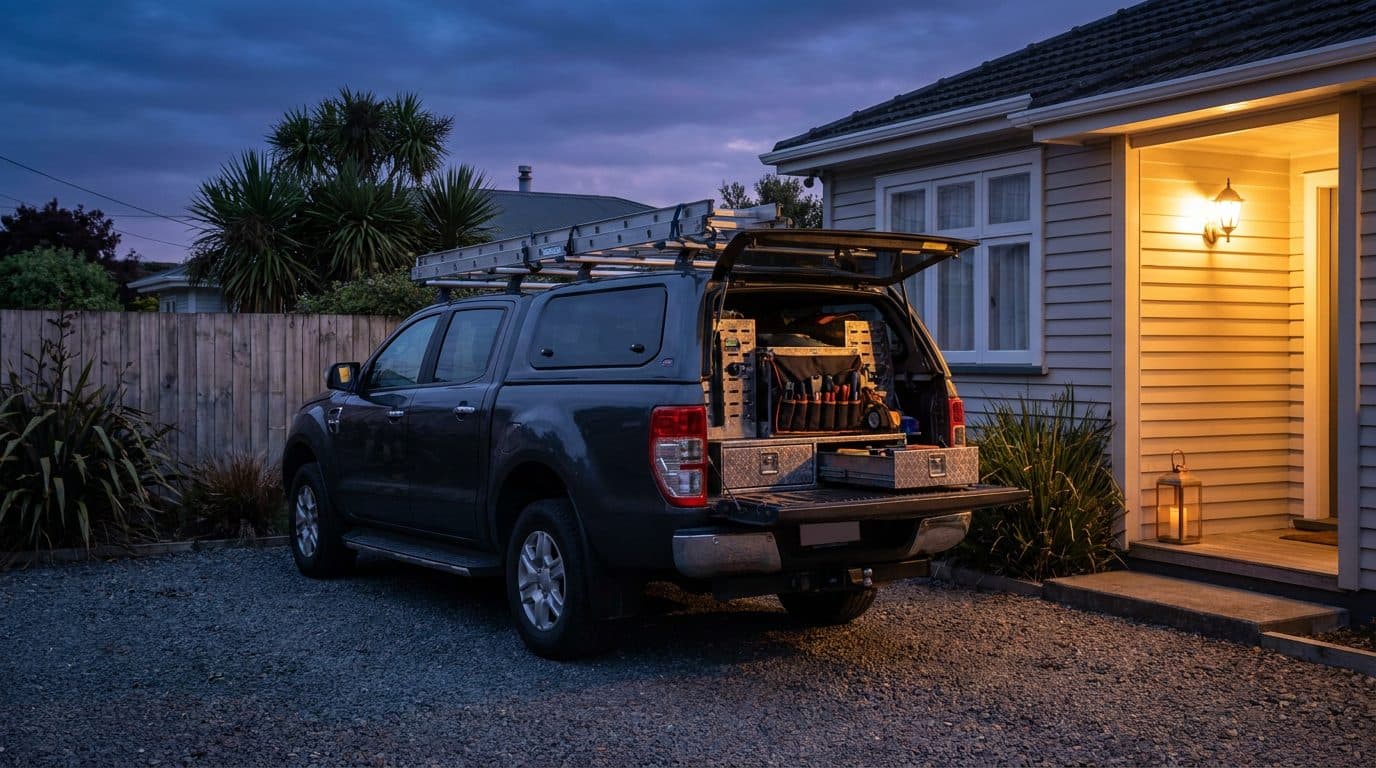 A tradie's ute packed up in a driveway at dusk, toolboxes open and porch light on